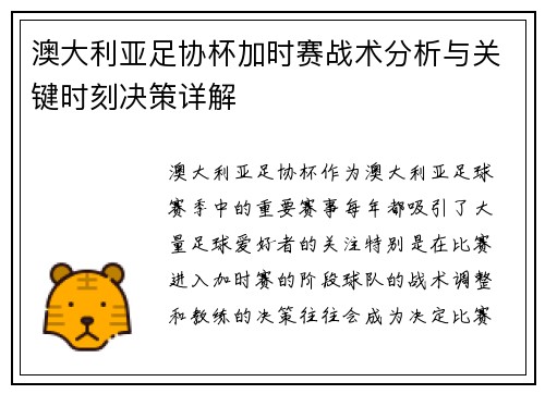 澳大利亚足协杯加时赛战术分析与关键时刻决策详解